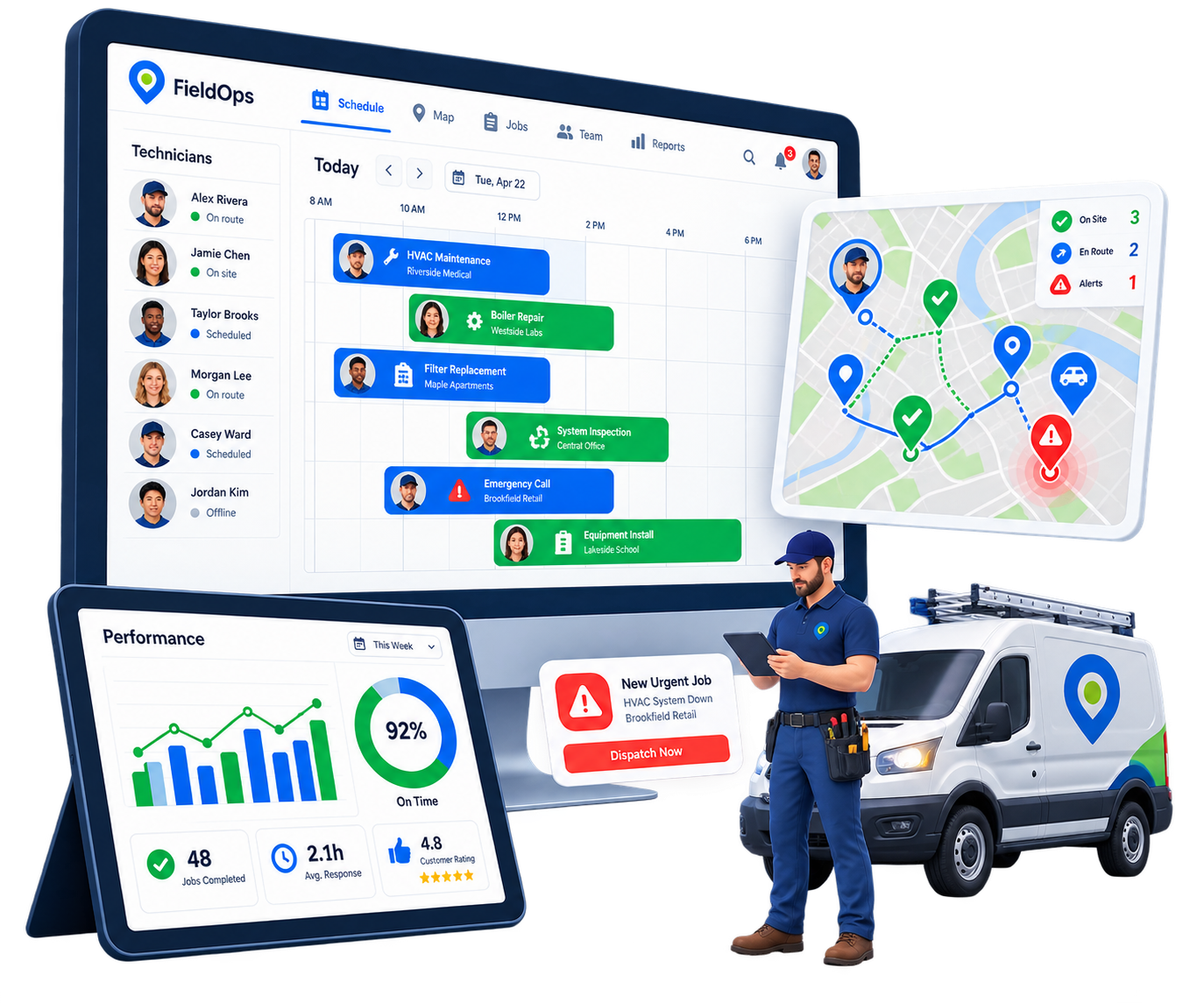 Field service scheduling, workforce and map dashboard
