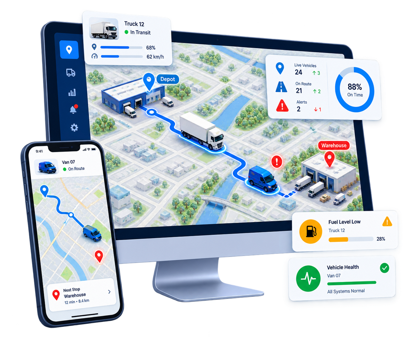 Fleet intelligence map with route, vehicle and operational alerts